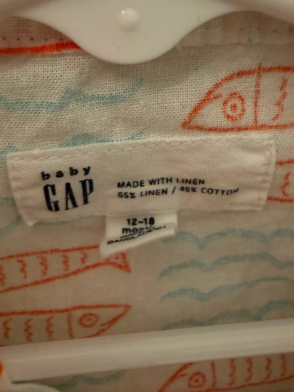 Baby Gap Linen Blend Fish Print Short Sleeve Button Down Shirt 12-18 months